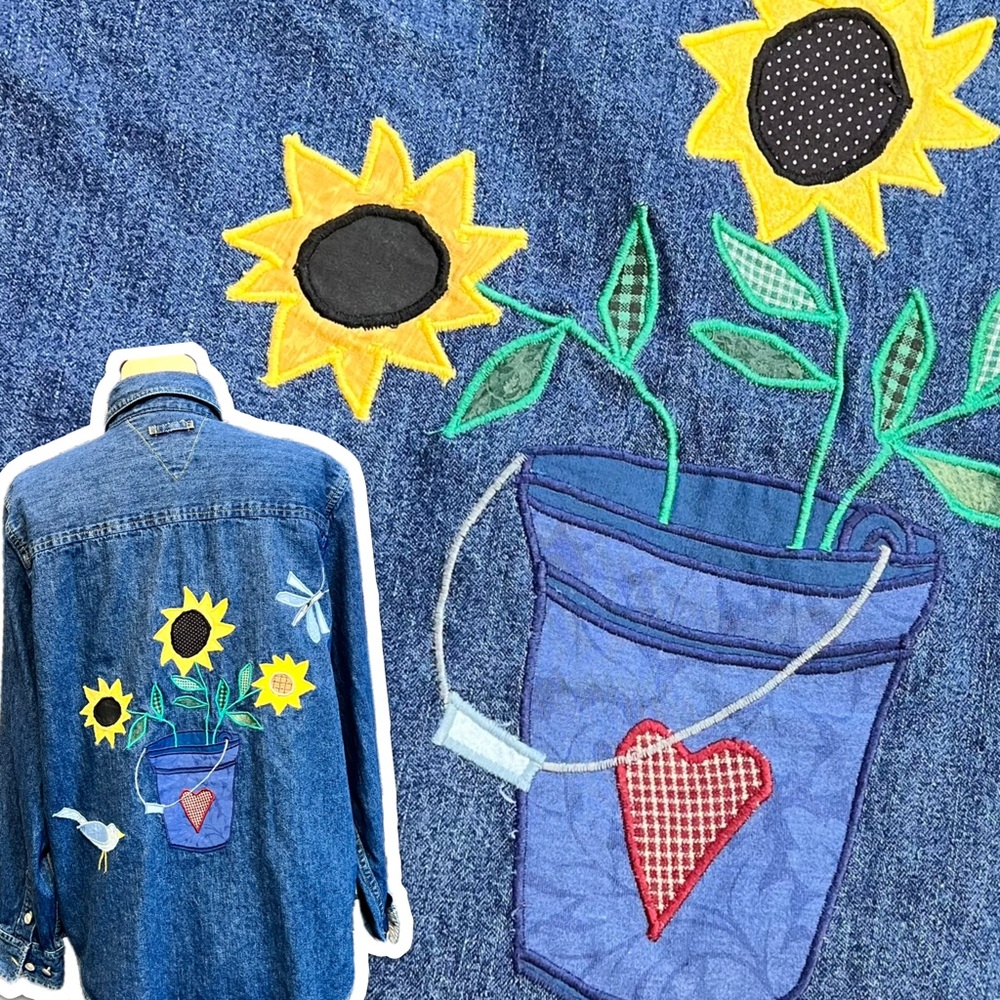VINTAGE 80s sunflower garden appliqué denim‎ jeans button down shirt cottagecore
